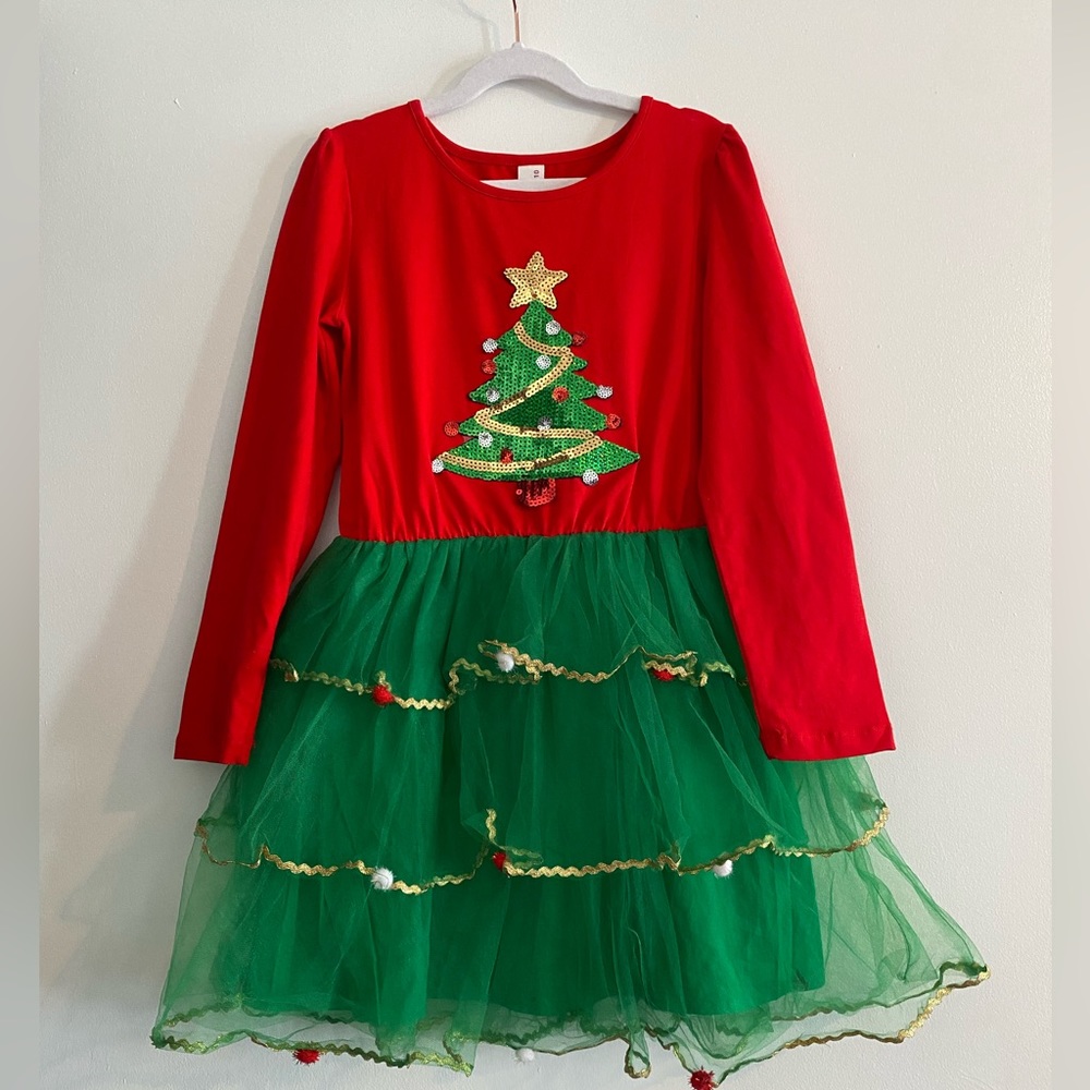 Sunny Fashion Girls Dress Long Sleeve Christmas Tree Sparkling Sequin Tulle!